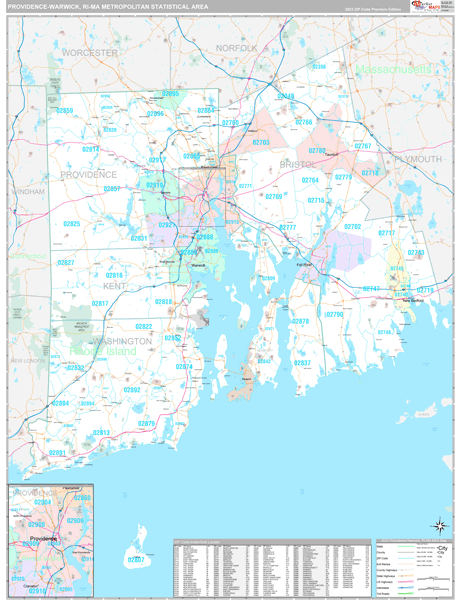 Providence-Warwick Metro Area Zip Code Wall Map